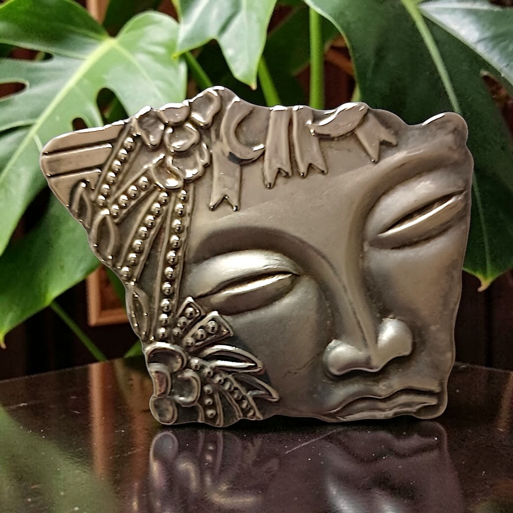 Vintage Art Deco Lady Face Brooch Abstract Silver Tone Statement Figural Pin‎
